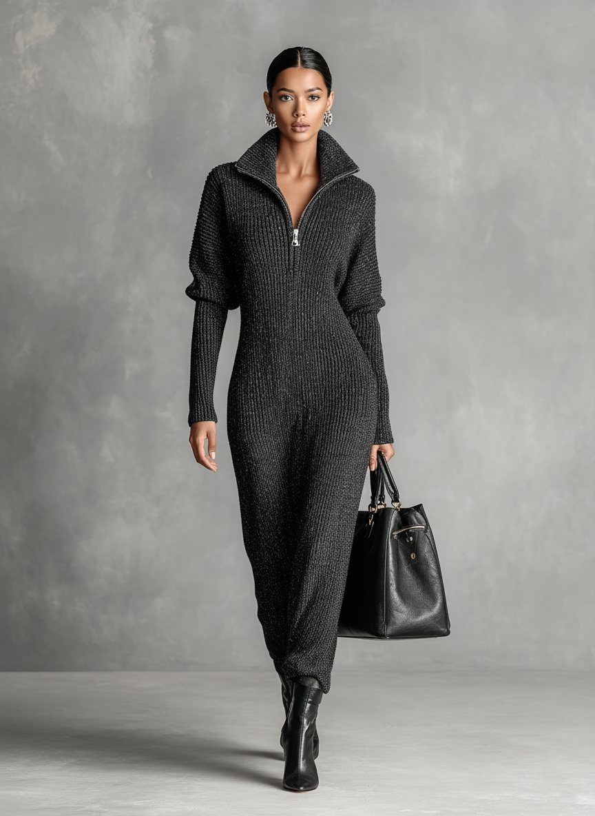 Minimalistisches Strick-Maxikleid für Damen in Uni-Farbe mit Reißverschluss am Ausschnitt
