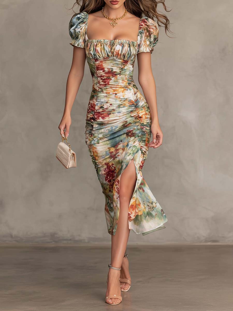 Retro und elegantes, gerafftes Midi-Kleid mit quadratischem Ausschnitt und Blumenmuster
