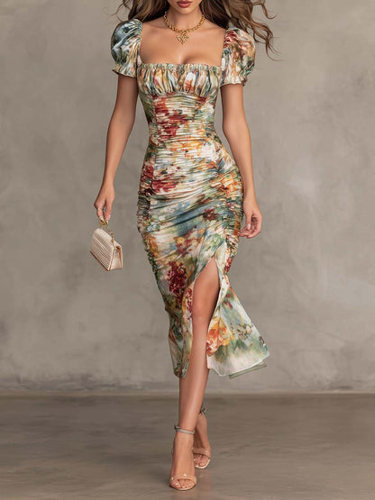 Retro und elegantes, gerafftes Midi-Kleid mit quadratischem Ausschnitt und Blumenmuster
