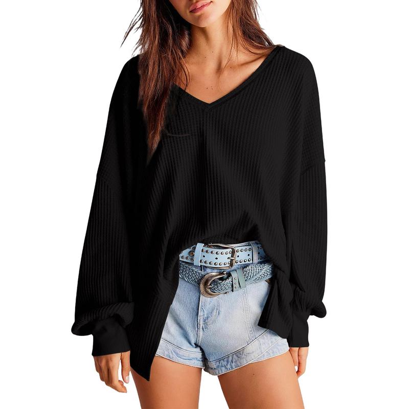 NORA™ - Blusa de punto waffle para mujer con cuello en V, manga farol y corte oversize