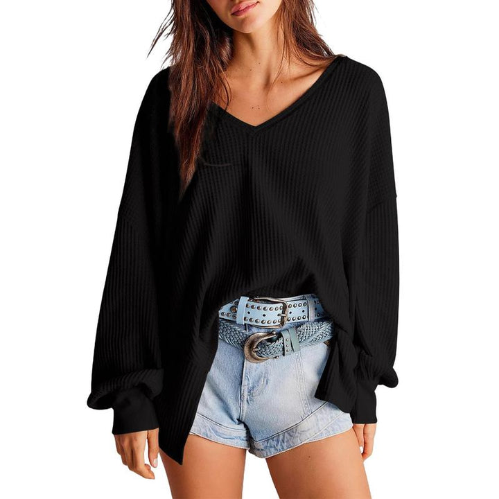 NORA™ - Blusa de punto waffle para mujer con cuello en V, manga farol y corte oversize