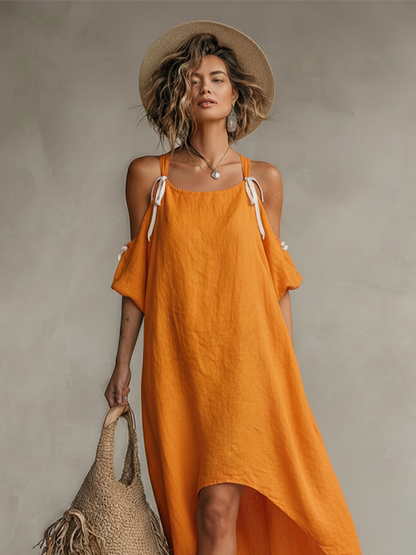 Vestido feminino de linho tangerina com ombros vazados e barra mullet, estilo boho resort atemporal