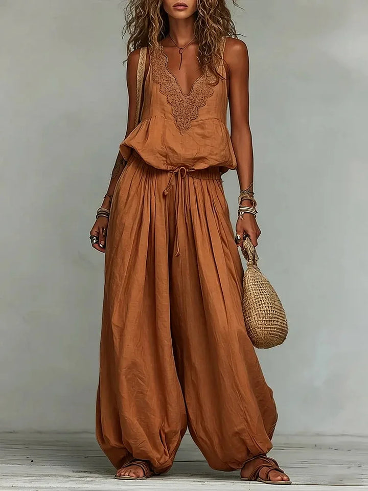 Maren - Baumwoll-Leinen bestickte Weste Laternenhose mit weitem Bein