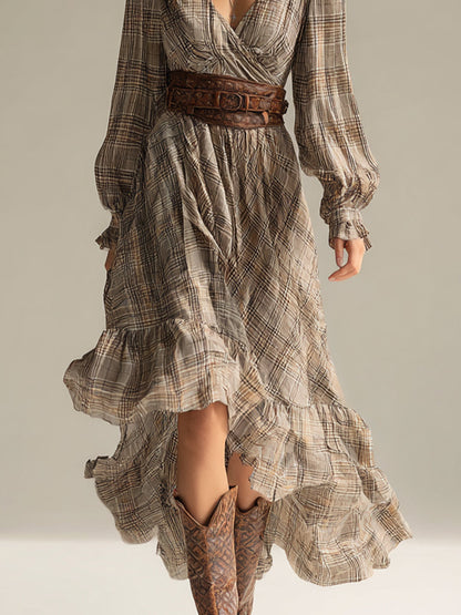 Beige ternet boheme-chiffon-midikjole med flæser til kvinder (uden bælte)