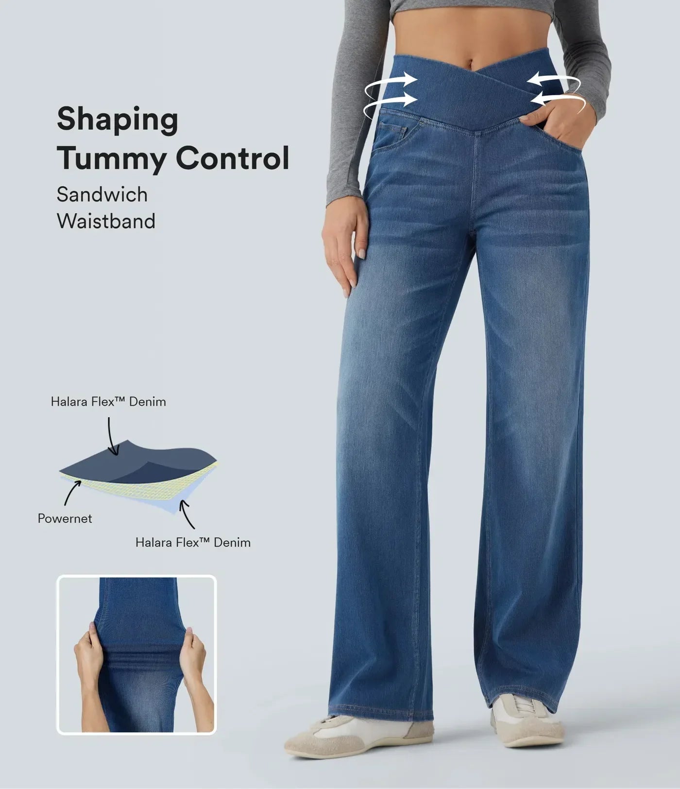Jeans casual de pierna recta UltraStretch™ con bolsillos, cintura alta cruzada y control de abdomen