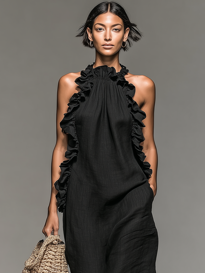 Vestido largo sin mangas minimalista para mujer, mezcla de lino, con detalles de volantes MDZ1622A0Y