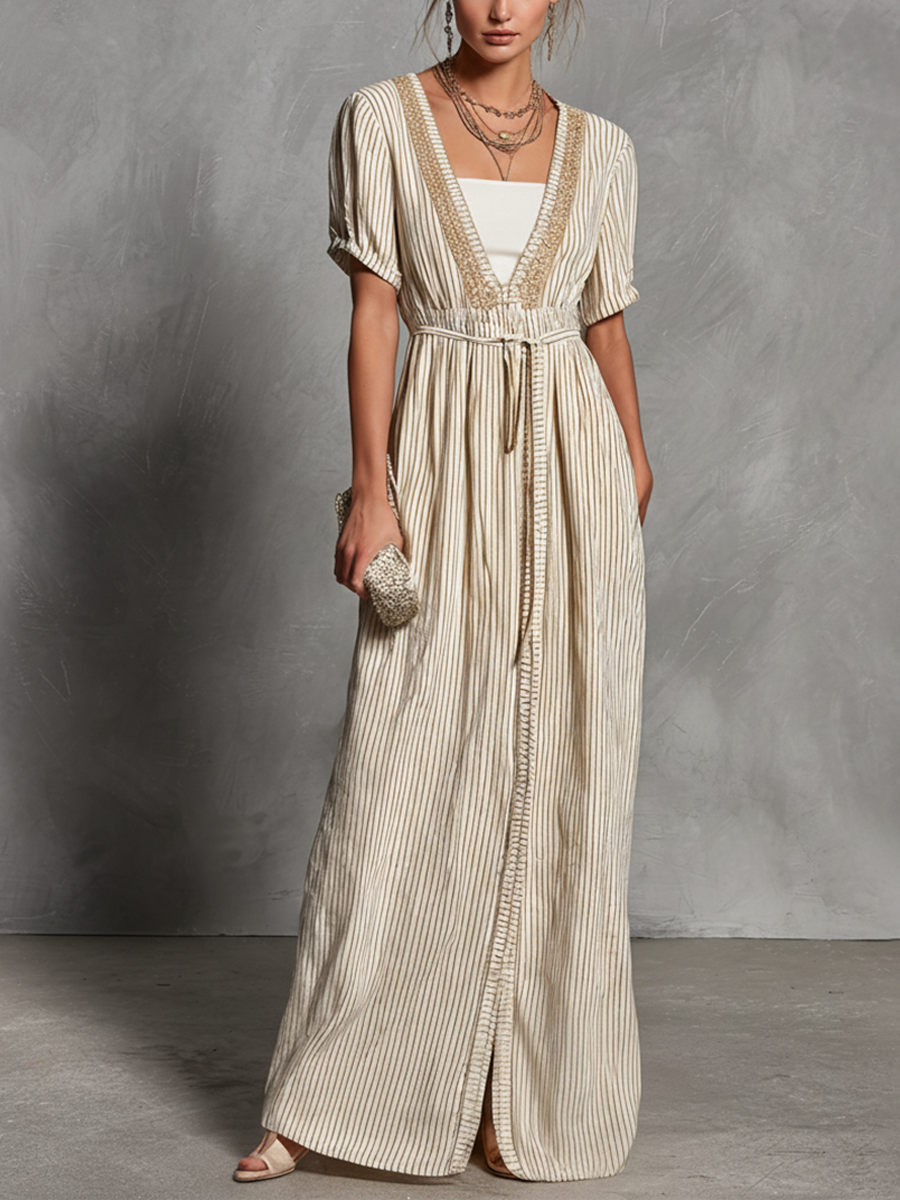 Beigefarbenes Damen-Maxikleid mit Streifen, zweiteiliger Optik, kurzen Ärmeln und V-Ausschnitt