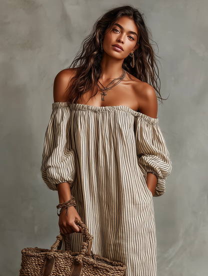 Women's Vacation Cotton-linen Blend Off-shoulder Long-sleeved Maxi Dress