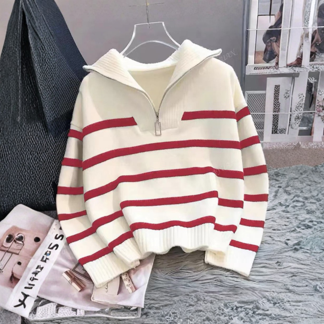 NEVAEH™ - Blusa Listrada Chic de Manga Longa com Gola