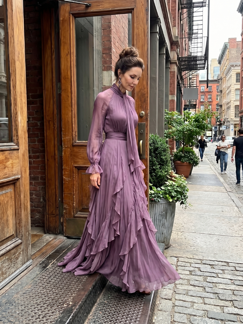 Demetria | Vestido maxi de volantes con cuello atado y capas