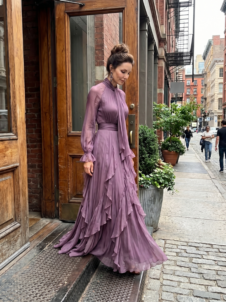 Demetria | Vestido maxi de volantes con cuello atado y capas