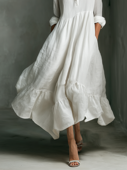 Weißes langärmeliges Maxikleid für Damen mit Rüschen