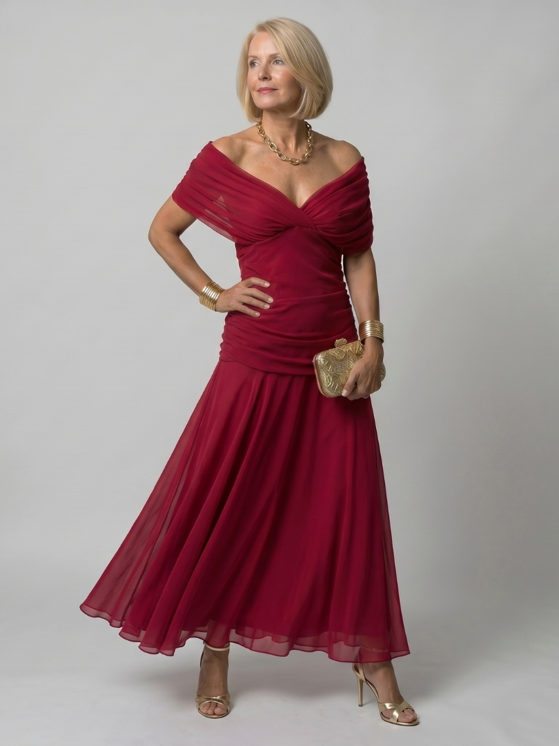 Calen | Off-shoulder flydende midi-kjole