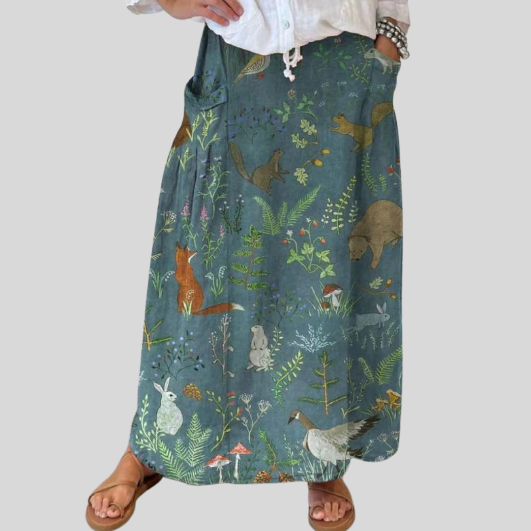 Damen-Casual-Leinenrock mit Retro-Blumen- und Tiermotiv sowie Taschen