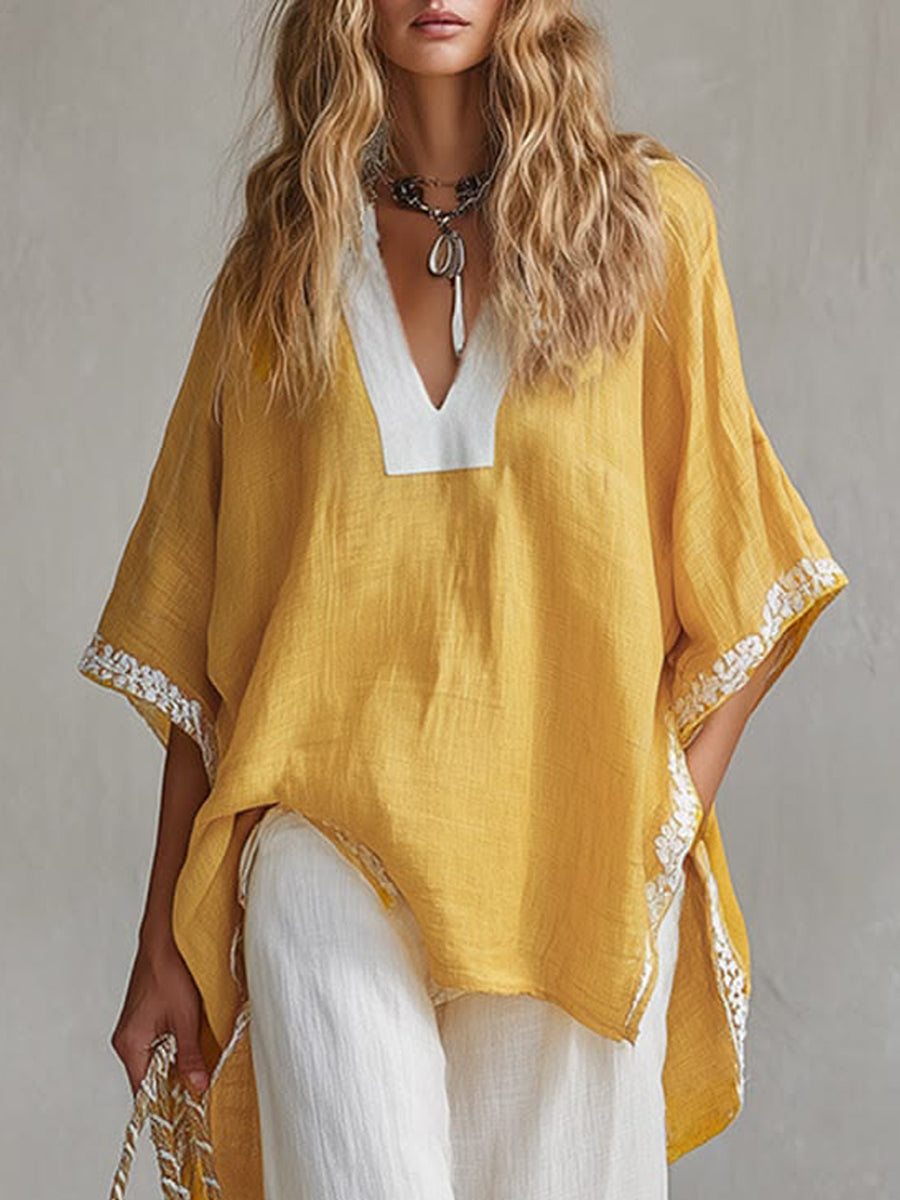 Jane | Women's Embroidered Pattern Print V-neck Cotton-linen Top