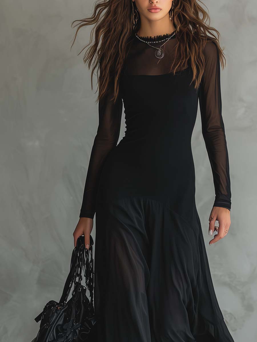 Retro maxi-kjole med transparente ærmer