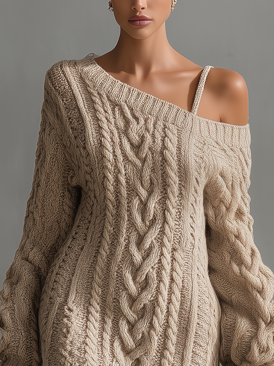 Minivestido de moda beige de punto trenzado para mujer, con hombros descubiertos