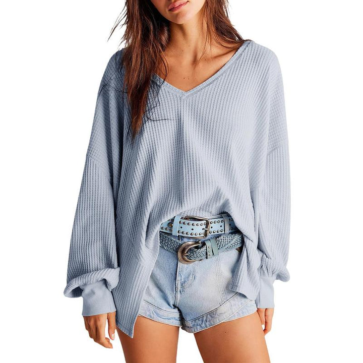 NORA™ - Blusa de punto waffle para mujer con cuello en V, manga farol y corte oversize
