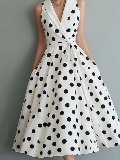 Vestido midi feminino elegante, preto e branco, de tecido tramado, com gola e sem mangas, estampado de poás
