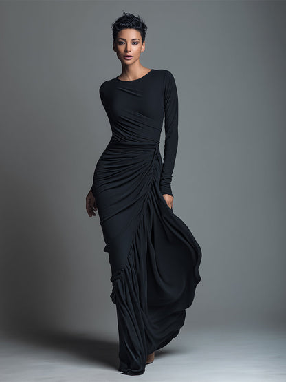 Vestido largo elegante negro de punto de jersey para mujer con fruncido