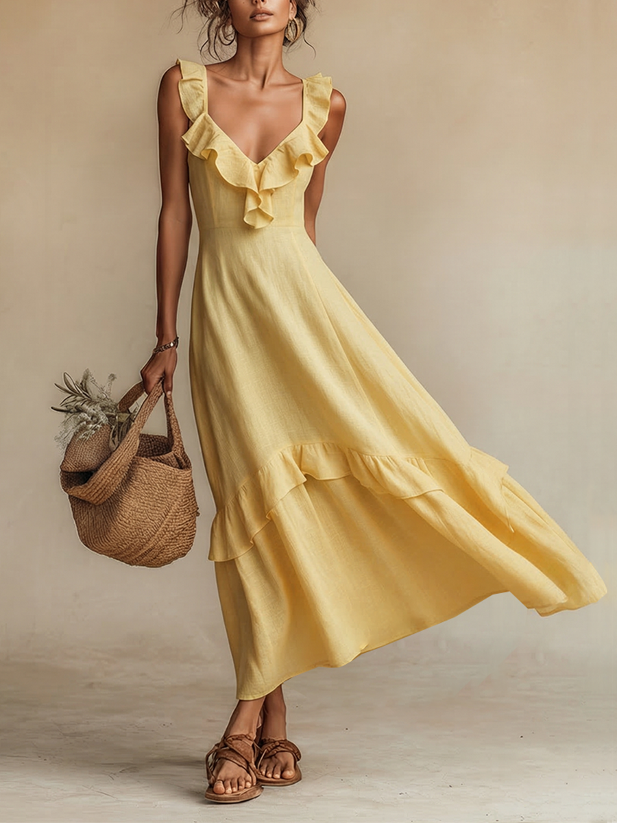 Gelbes Leinenkleid für Damen mit Volants am V-Ausschnitt und Saum – zeitloser Boho-Resort-Stil