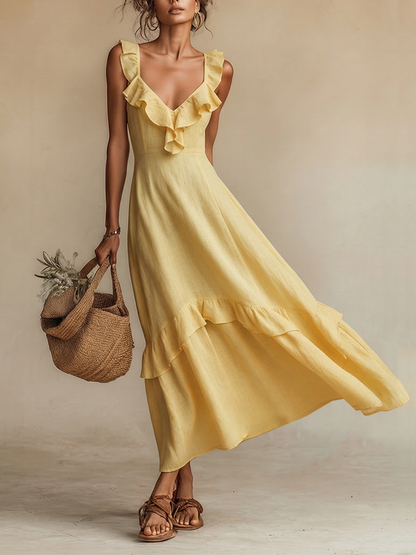 Gelbes Leinenkleid für Damen mit Volants am V-Ausschnitt und Saum – zeitloser Boho-Resort-Stil