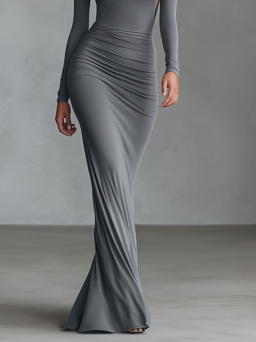 Elegantes graues Stretch-Maxikleid für Damen aus einer Polyester-Baumwoll-Mischung mit gerafftem Rückenausschnitt