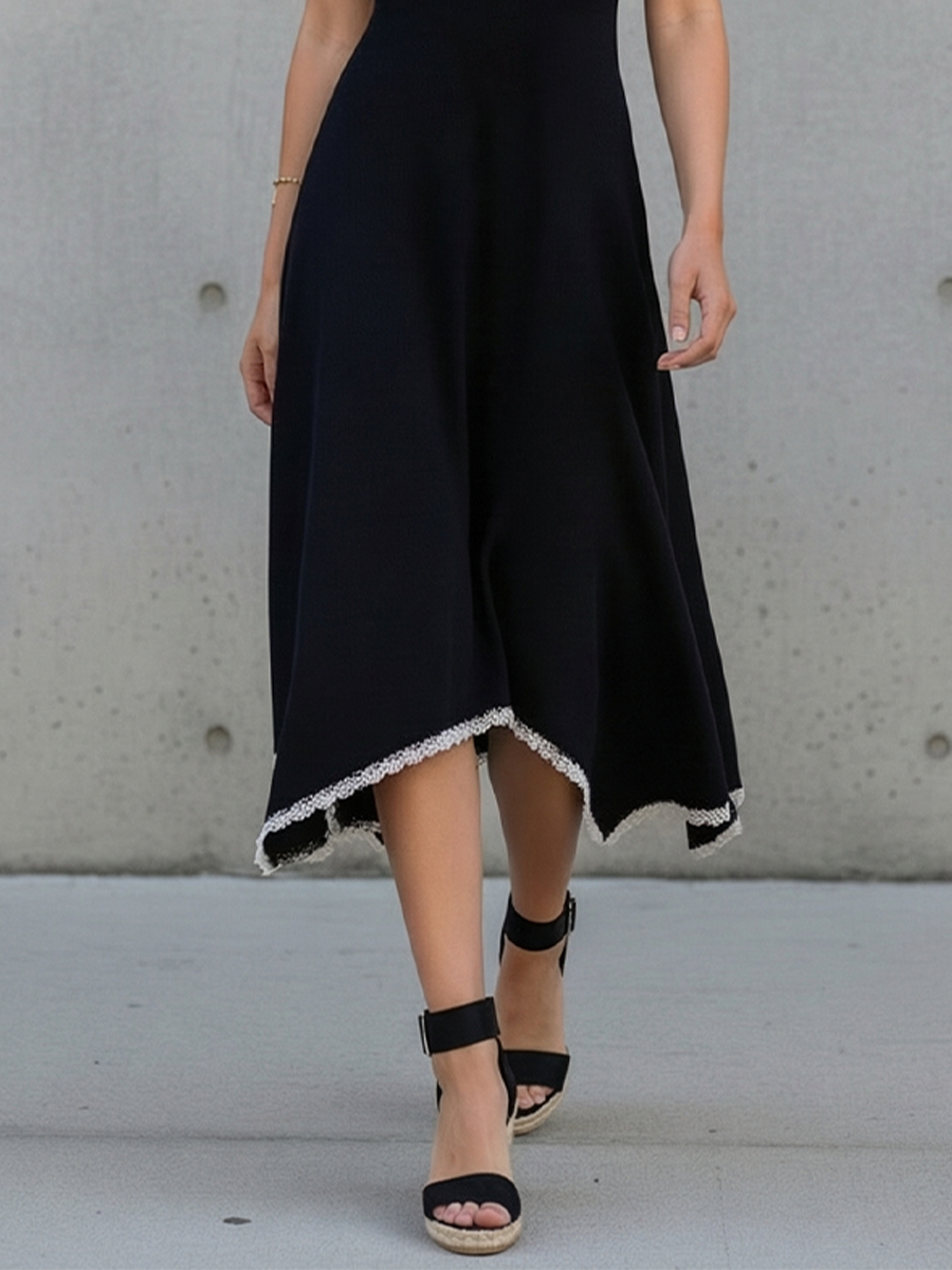 Women's Black Knit Dress With Halter Neck & Contrast Lace Trim, Timeless Feminine-Chic Style Dress