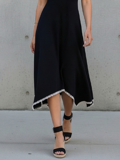 Women's Black Knit Dress With Halter Neck & Contrast Lace Trim, Timeless Feminine-Chic Style Dress