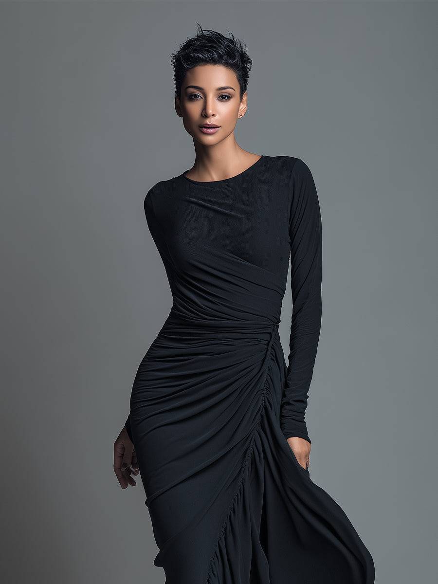 Vestido largo elegante negro de punto de jersey para mujer con fruncido