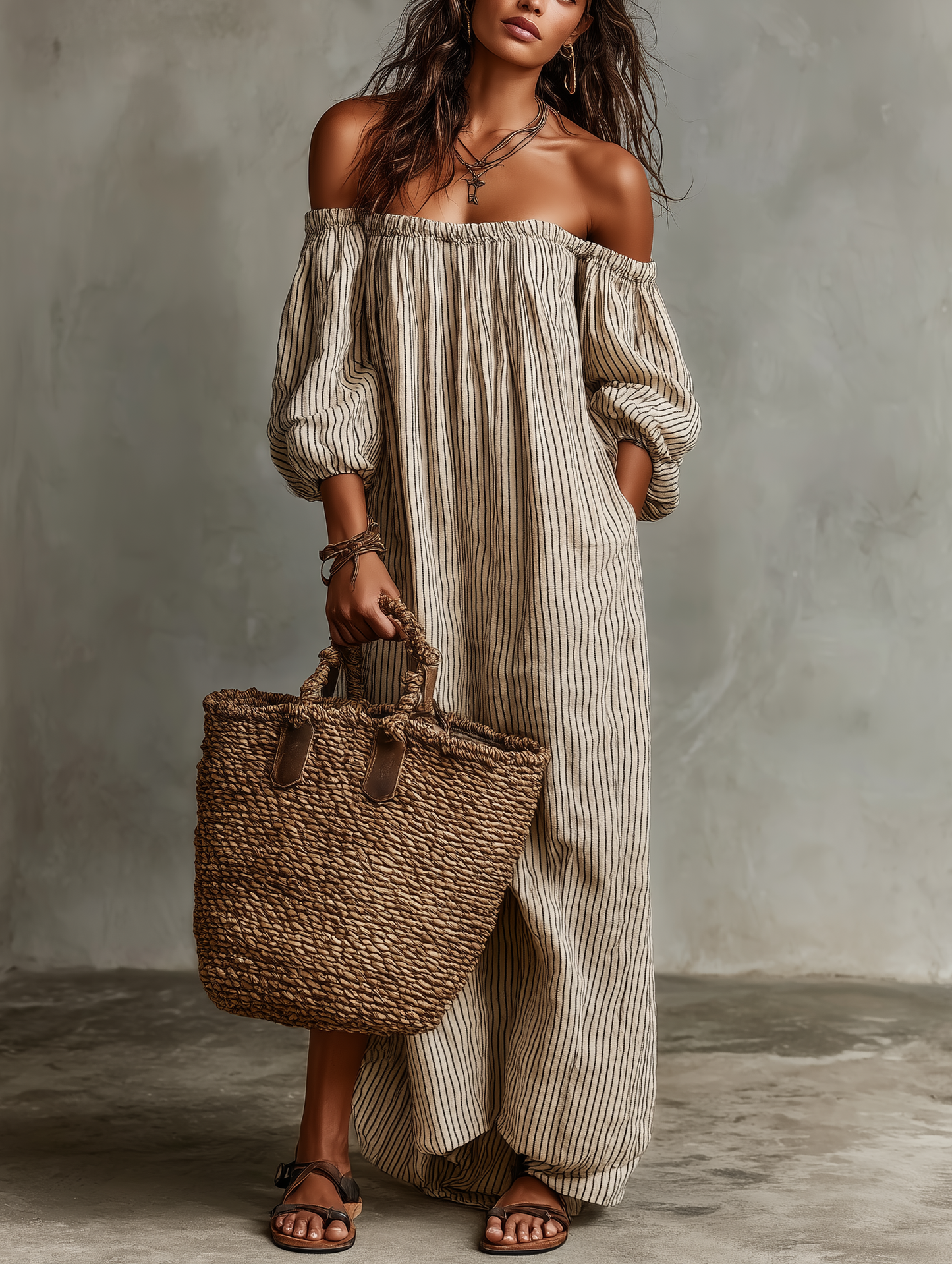 Women's Vacation Cotton-linen Blend Off-shoulder Long-sleeved Maxi Dress