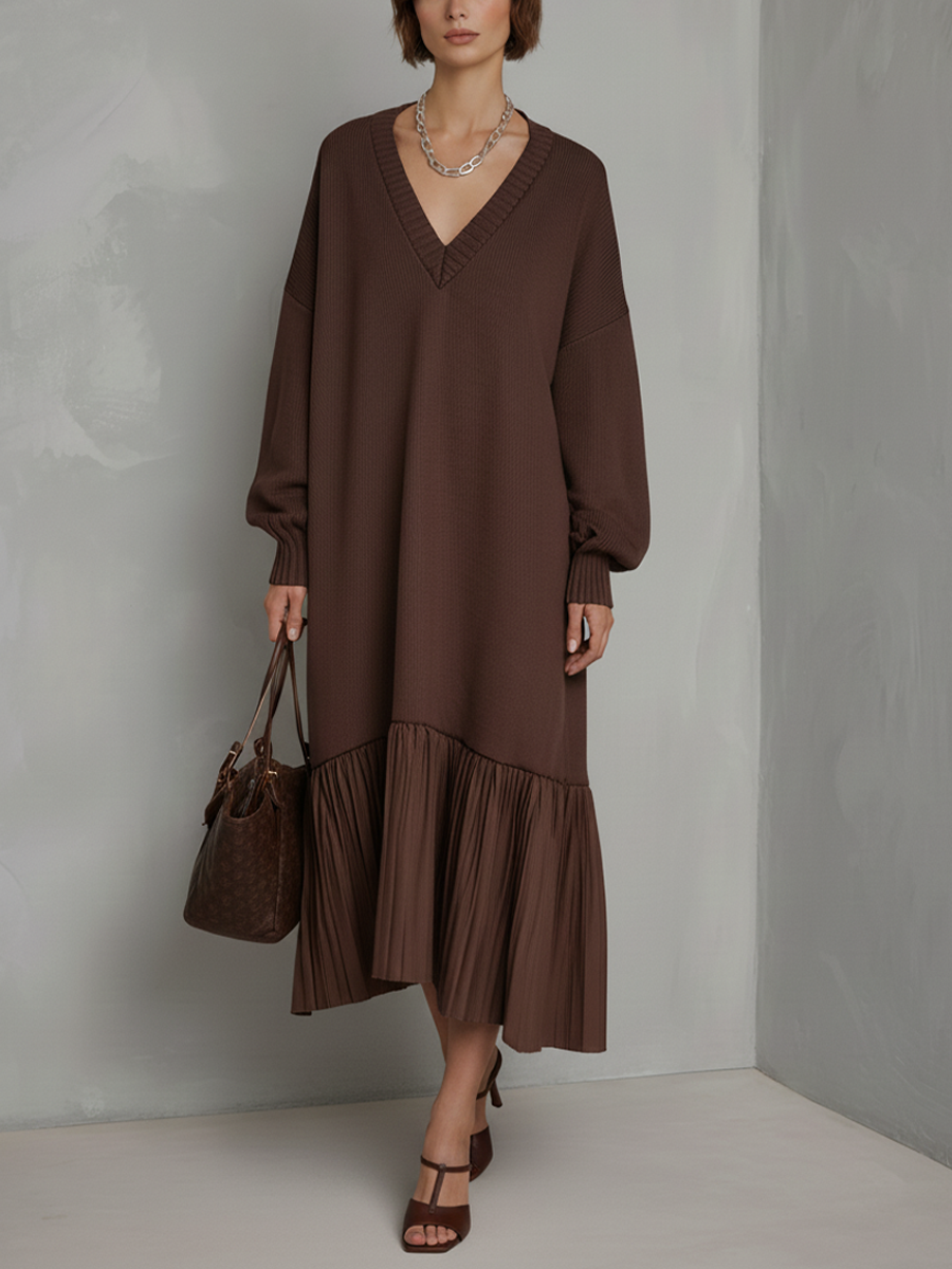 Women's Brown Ribbed Knit V-Neck Long Sleeve Pleated Hem Midi Dress