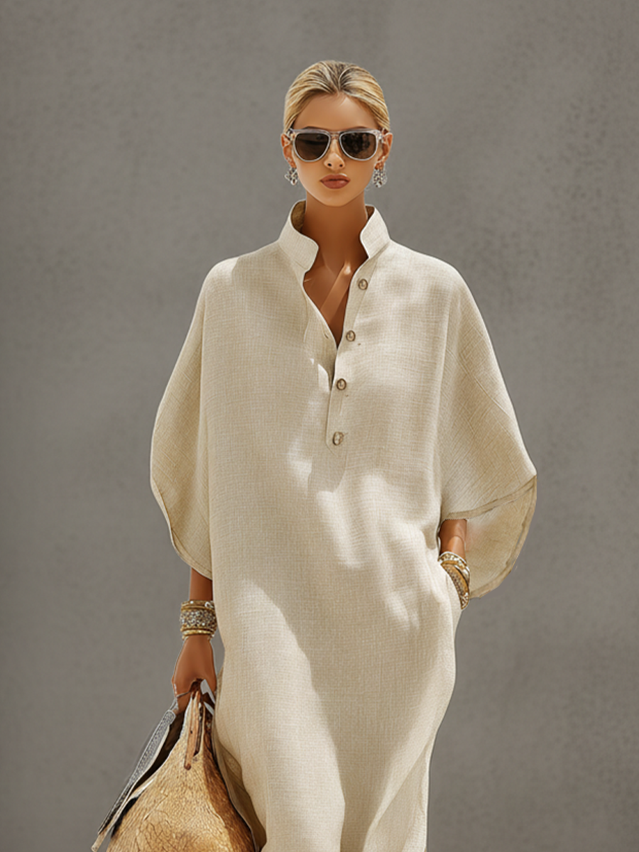 Women's Oatmeal Linen Dress With Mandarin Collar & Dolman Sleeves, Timeless Resort-Casual Style Dress