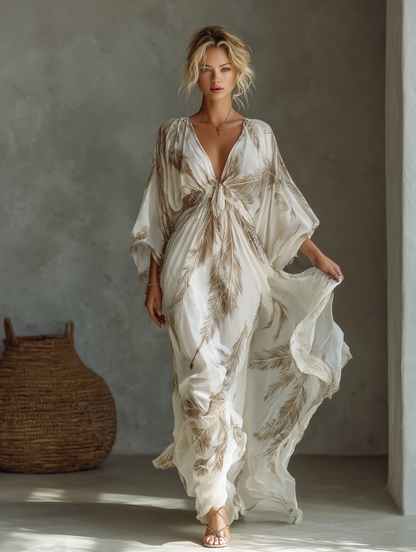 Women's Ivory And Taupe Chiffon Fabric Dolman Sleeve Maxi Dress With Twist Front & Palm Leaf Print