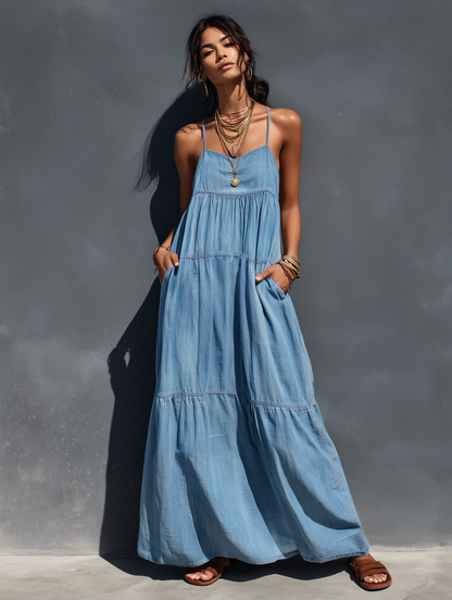 Women's Casual Blue Stretch Denim Loose-fitting Suspender Maxi Dress