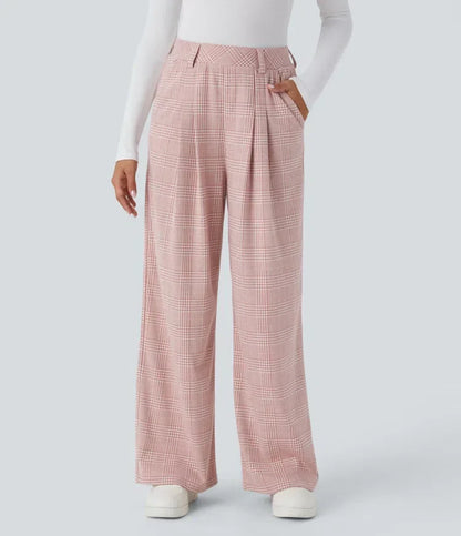 High Waisted Pocket Wide Leg Houndstooth Plaid Casual Pants