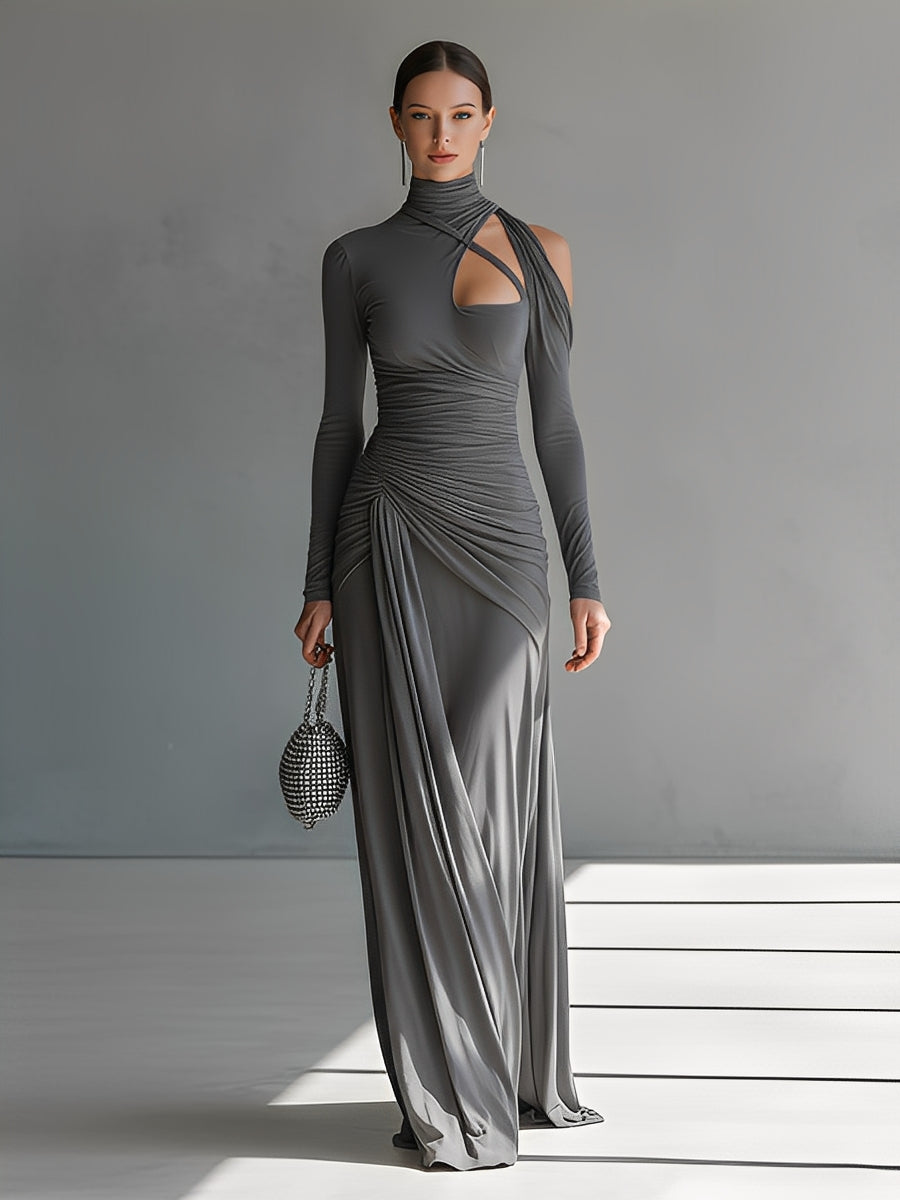 Women's Grey Silky Stretch Sophisticated Ruched Detail Cut-Out Maxi Dress