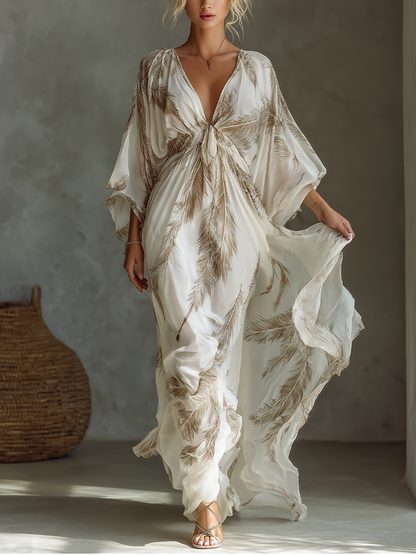 Women's Ivory And Taupe Chiffon Fabric Dolman Sleeve Maxi Dress With Twist Front & Palm Leaf Print