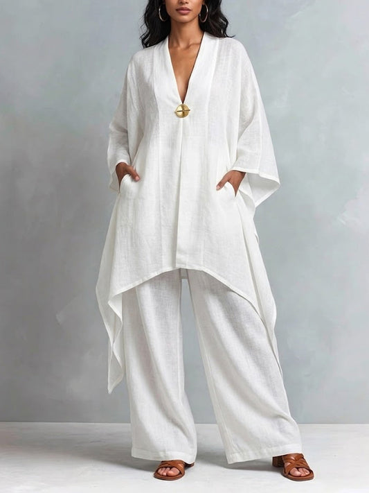 Celeste | Cotton-Linen Asymmetrical Cardigan & Wide-Leg Pants Set