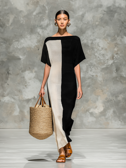 Women's Minimalist Knitted Boat Neck Short-sleeved Maxi Dress