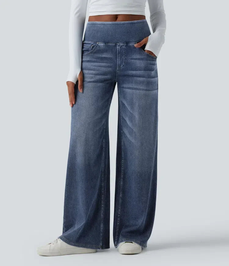 Velouré Flex™ afslappede, baggy jeans med mellemhøj talje, draperet vask, brede ben og lommer