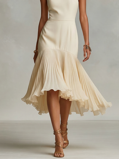 Women's Ivory Crepe Dress With Halter Neck & Pleated Ruffle Hem, Timeless Elegant-Glam Style Dress