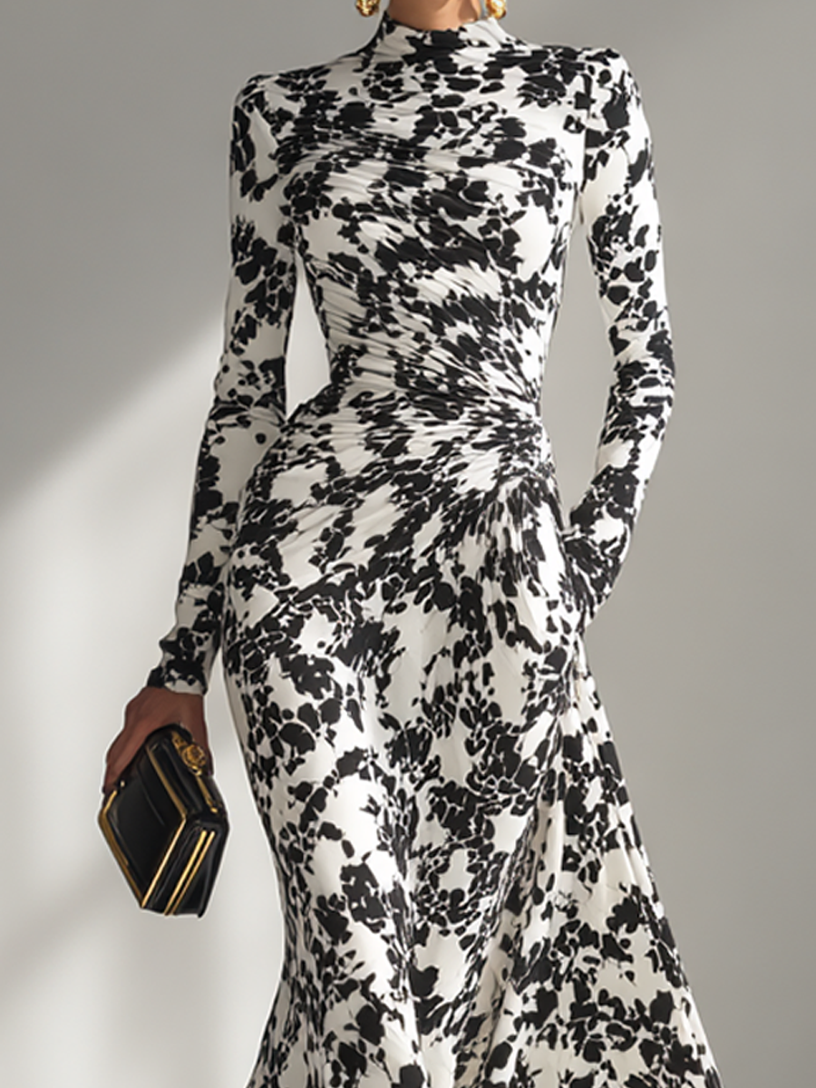 Women's Black And White Patterned Stretch Blend Wrap Dress