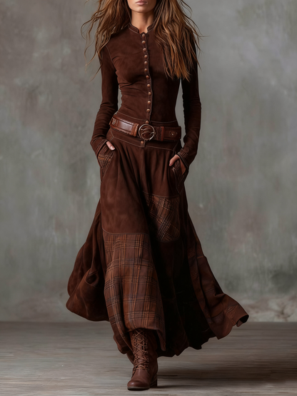 Vestido longo vintage de camurça azul-marinho com painéis xadrez (com cinto)