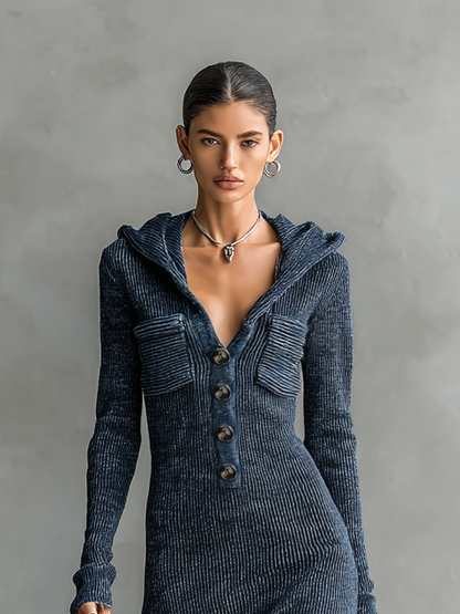 Vestido longo de tricô feminino com capuz e corte ajustado MDA1451H6Y