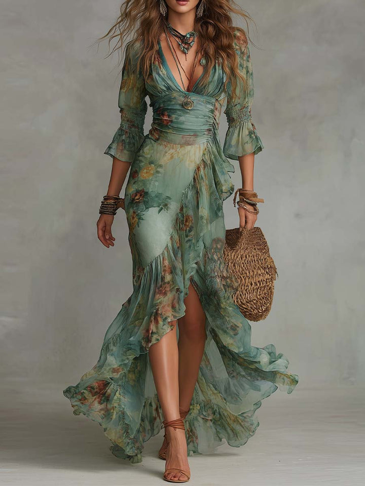 Retro romantisches langes Wickelkleid mit Blumenmuster