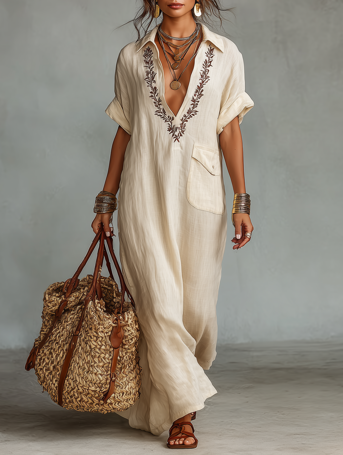 Vestido largo camisero minimalista para mujer, de mezcla de lino, con bordado y mangas cortas