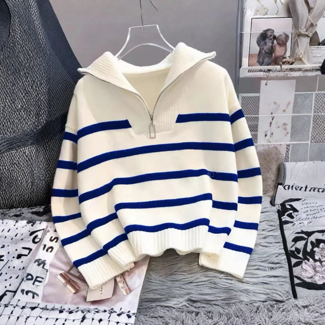 NEVAEH™ - Blusa Listrada Chic de Manga Longa com Gola
