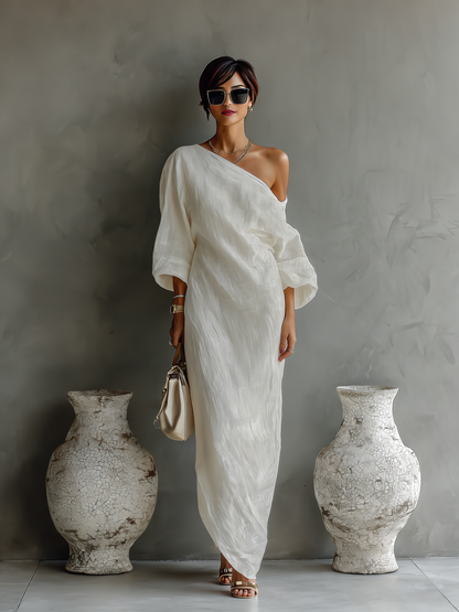 Vestido elegante feminino fluido de um ombro só, em mistura de algodão e linho branco-marfim