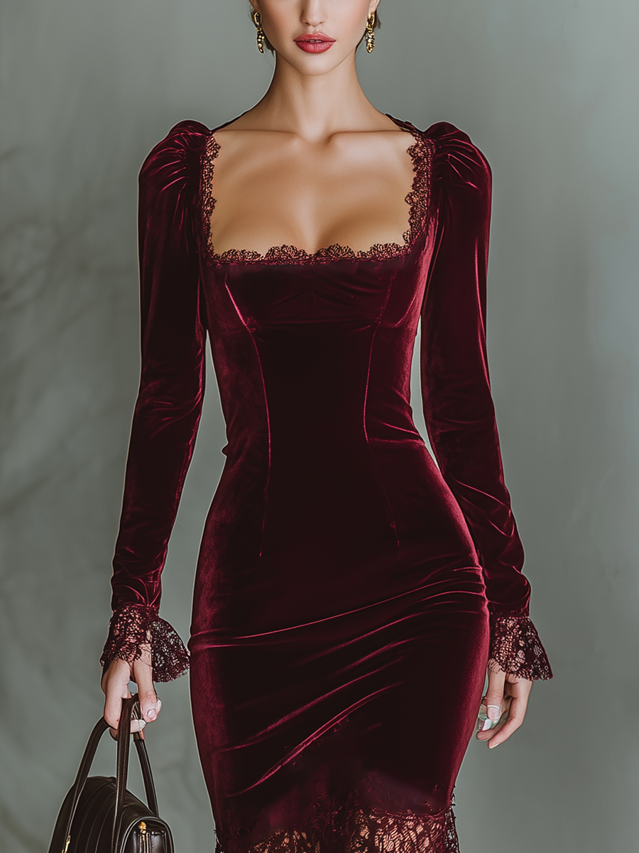 Damen-Maxikleid aus bordeauxrotem Samt und Spitze mit figurbetontem Schnitt